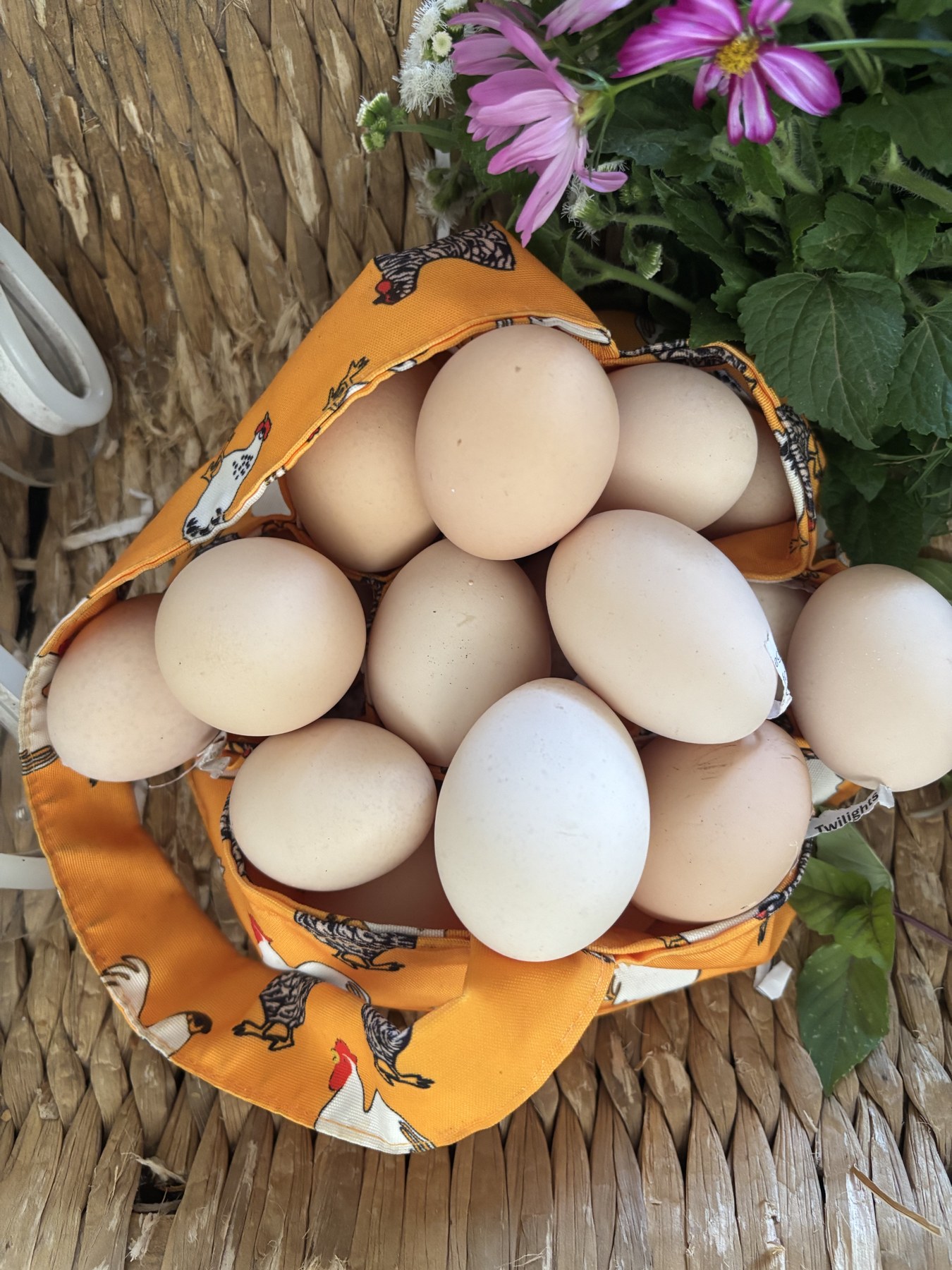 The Barnettis’ eggs in a patterned bowl beside garden flowers