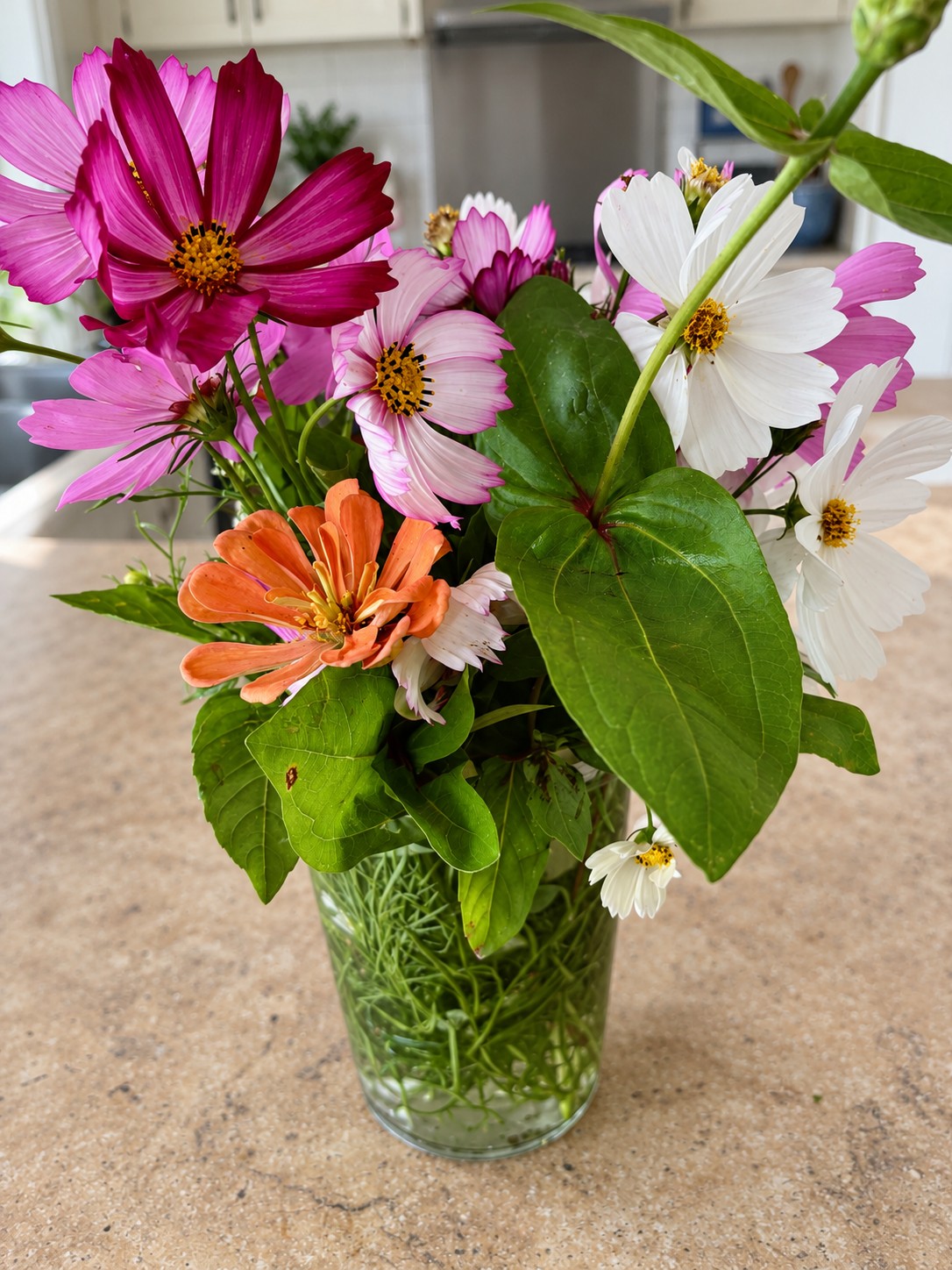 A colourful cottage flower posy in a glass jar