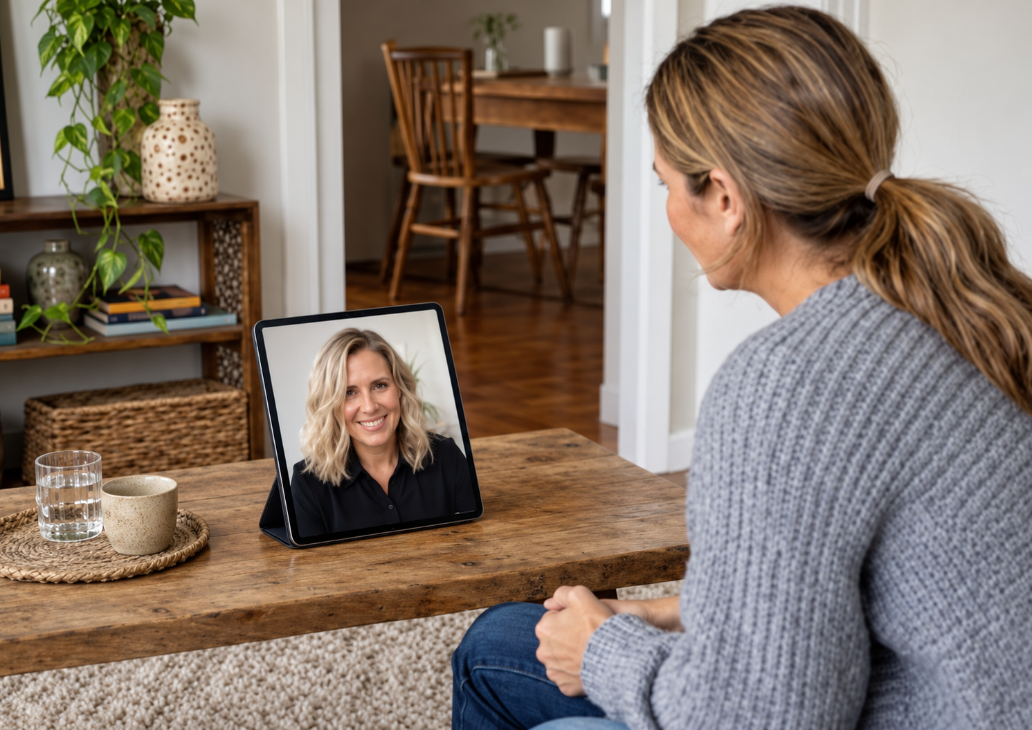 An individual talking with Meg on a tablet during an online session