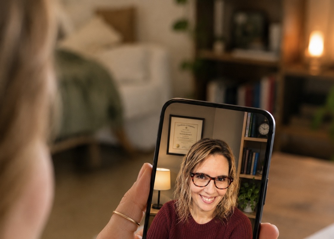 A client holding a phone during an online counselling session with Meg Bonetti
