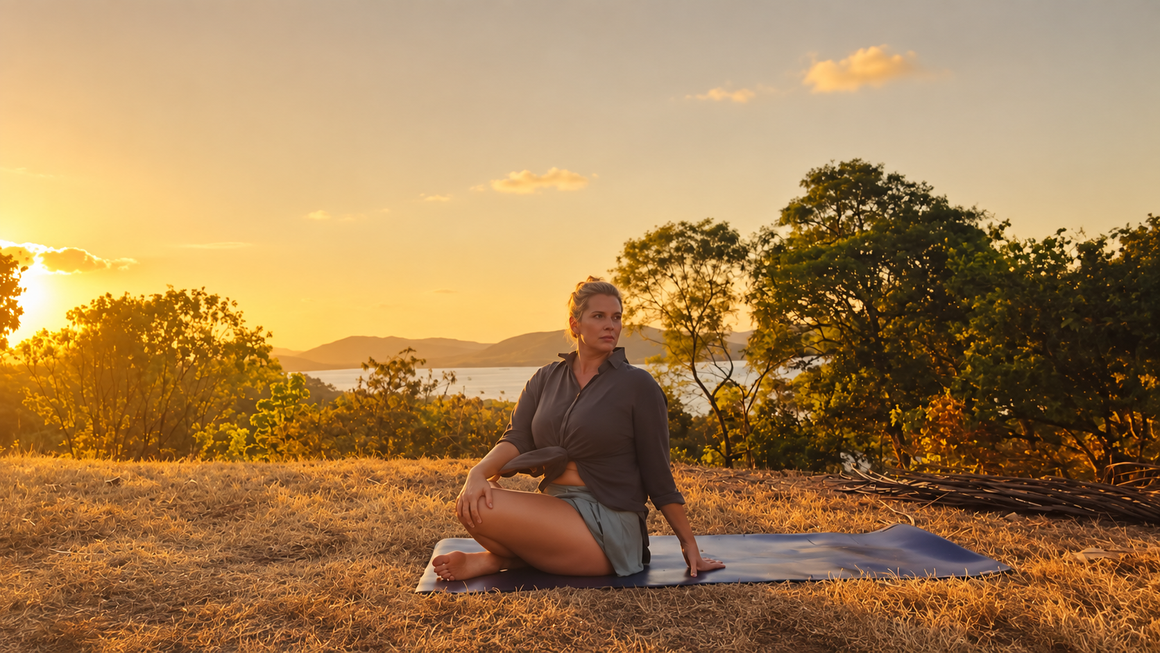 Meg in a seated twist beside the water