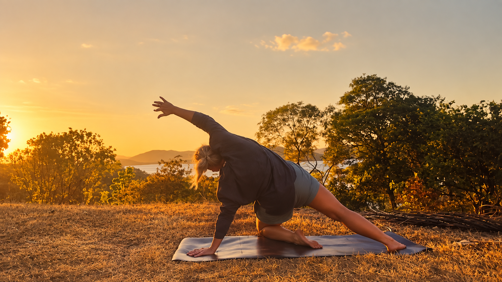 Meg in a kneeling side stretch at sunset