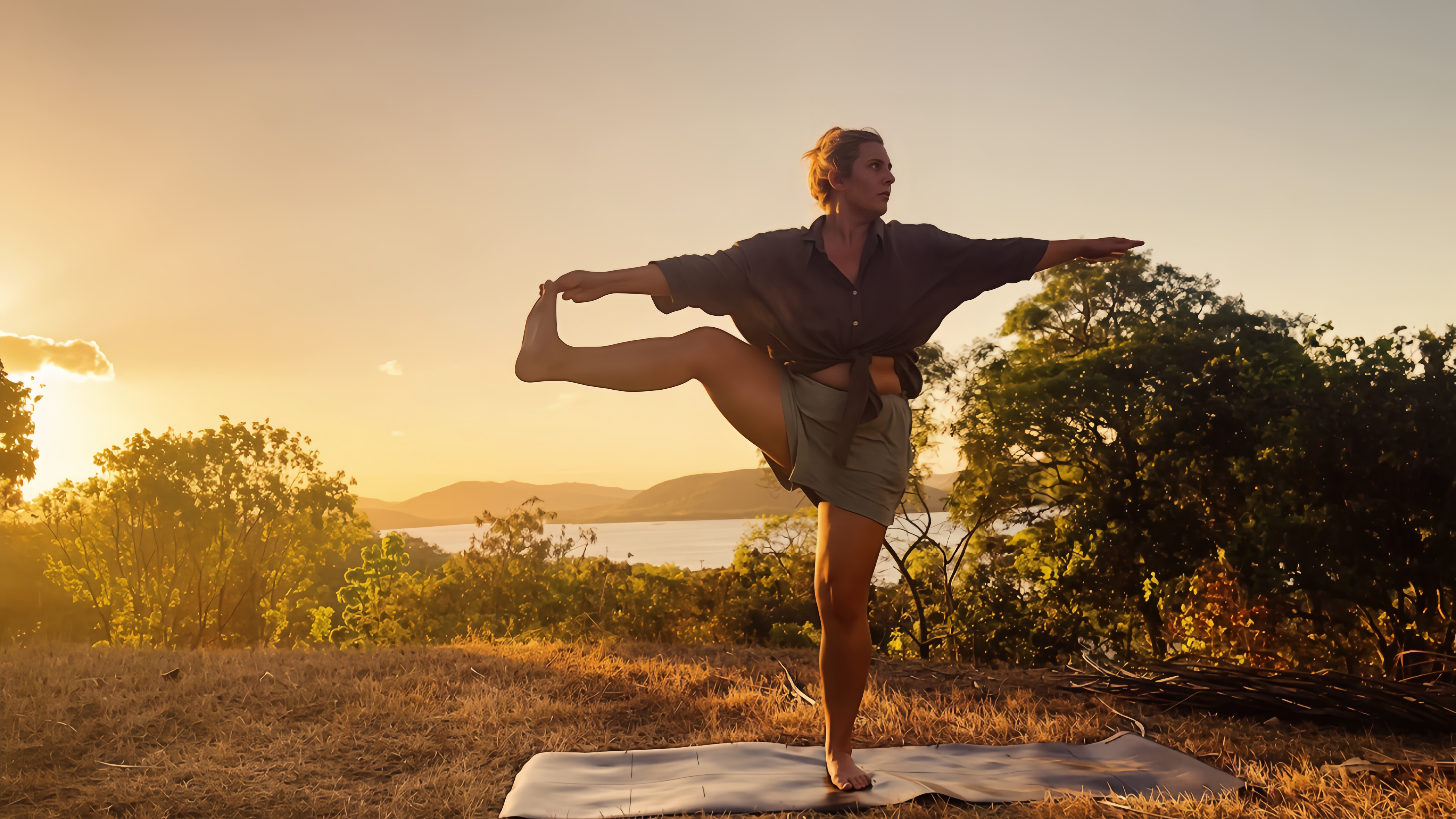 Meg practising a standing yoga balance outdoors beside the water at sunset